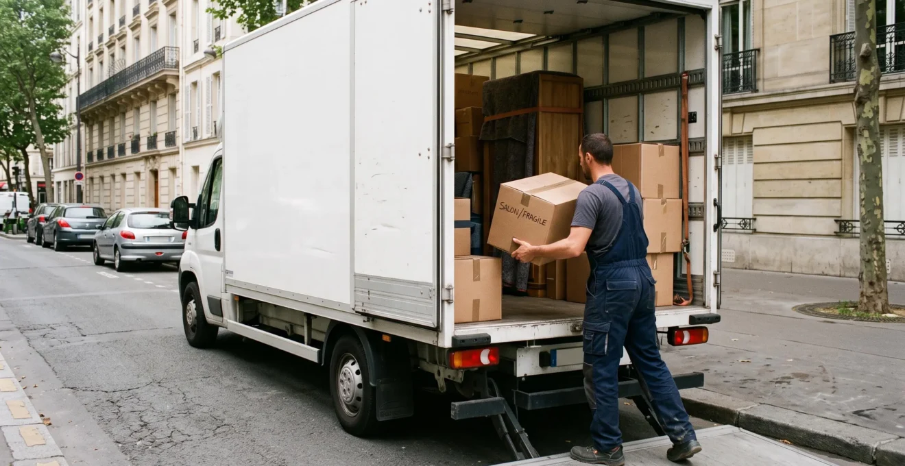 Déménageur chargeant des cartons et du mobilier dans un camion de déménagement professionnel dans une rue française