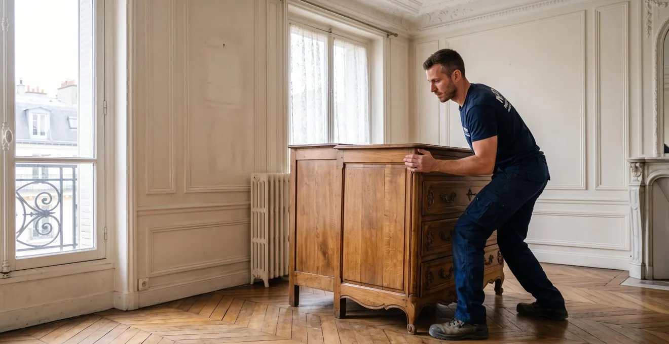 Déménageur installant une commode en bois dans un appartement français avec parquet à chevrons