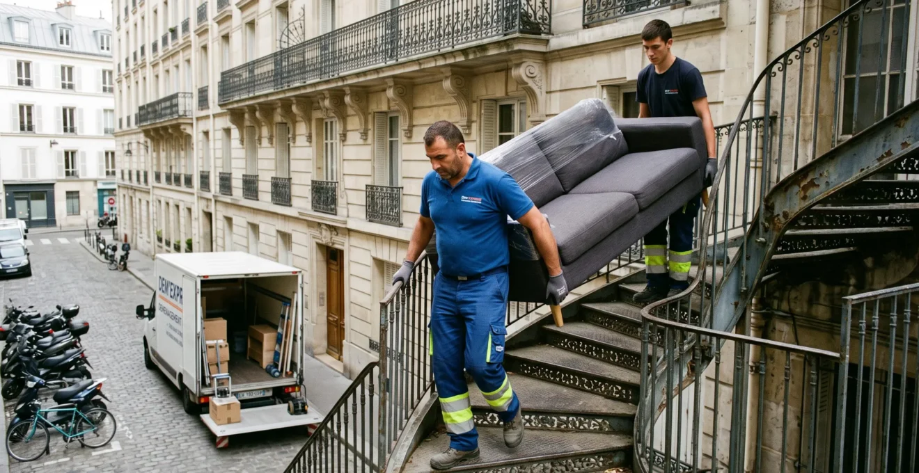 Déménageurs professionnels portant un canapé dans les escaliers d'un immeuble français